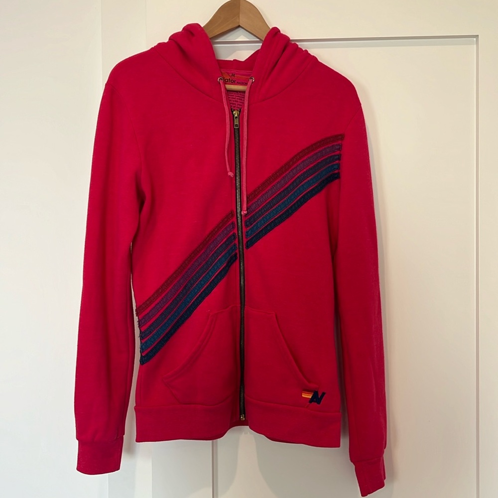 Aviator Nation 5 Stripe Sweater Hoodie, Fushia/Pink, Size M